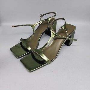 Zara Shoes Size 10 42 Mid Block Heel Metallic Green Buckle Open Toe